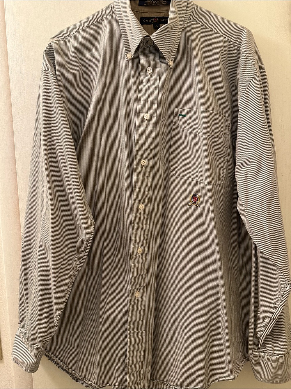 Tommy Hilfiger Men's Navy and White Pinstripe Button-Down Shirt